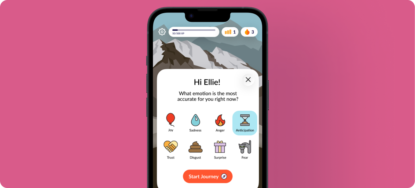 home-features-1 Mobile app screen prompting a student to select their current emotion from options like joy, sadness, anger, trust, surprise, and fear.