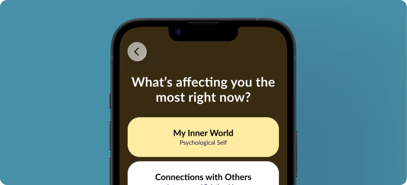 home-features-2.1 Mobile app screen asking what is affecting the user most right now, with options related to emotional wellbeing and relationships.