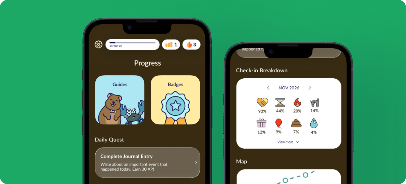 home-features-3.1 Two mobile app screens showing student wellness progress, emotional check-in analytics, badges, guides, and daily reflection activities.